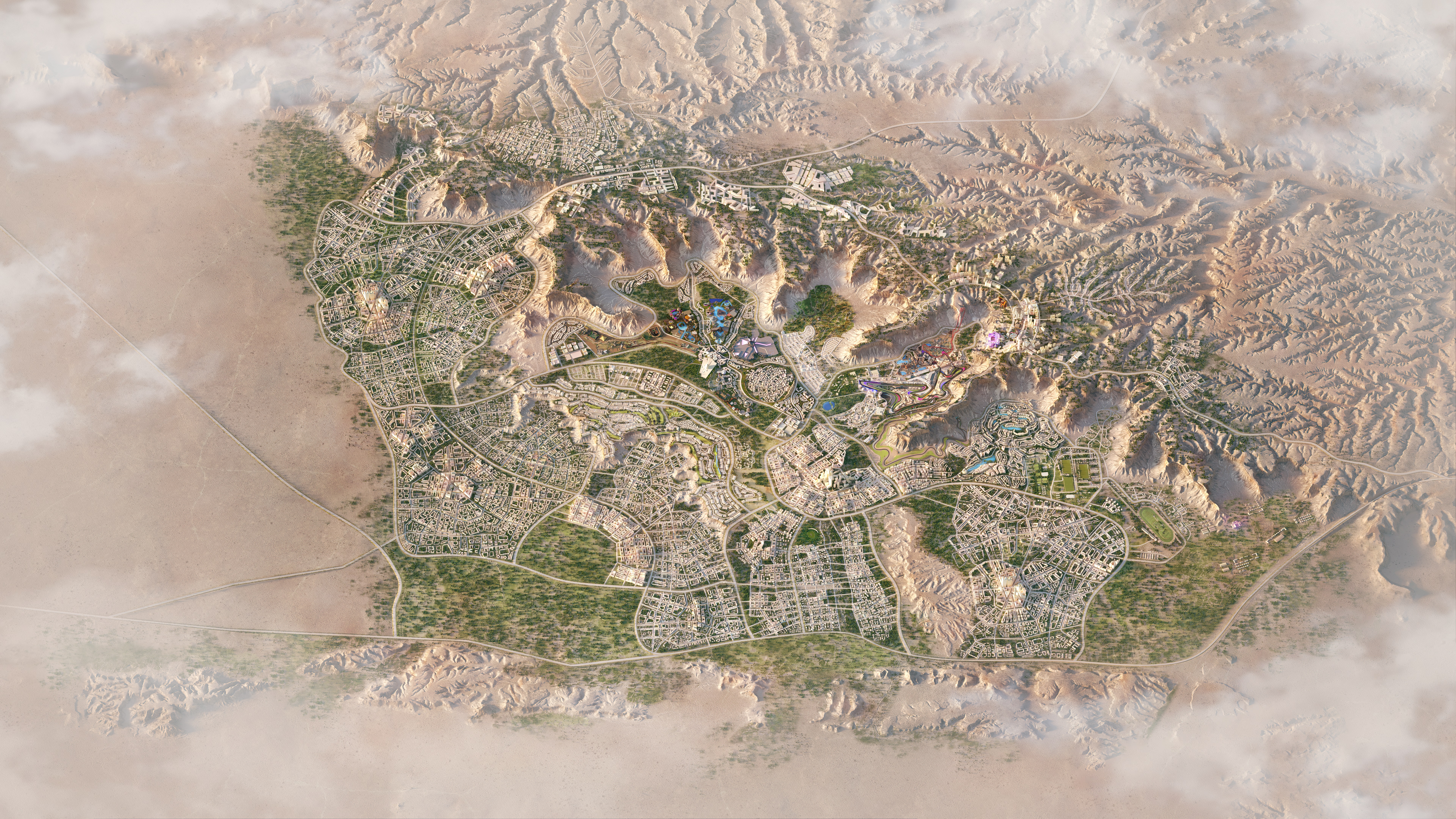 Aerial masterplan of Qiddiya City showing entertainment, sports, cultural districts, and urban development integrated with the Tuwaiq Mountains in Saudi Arabia